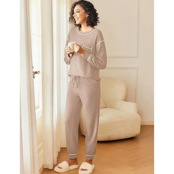Women Cream Pajamas Set Waffle Knit Long Sleeve Lounge Set 2 Piece Pj Loungewear